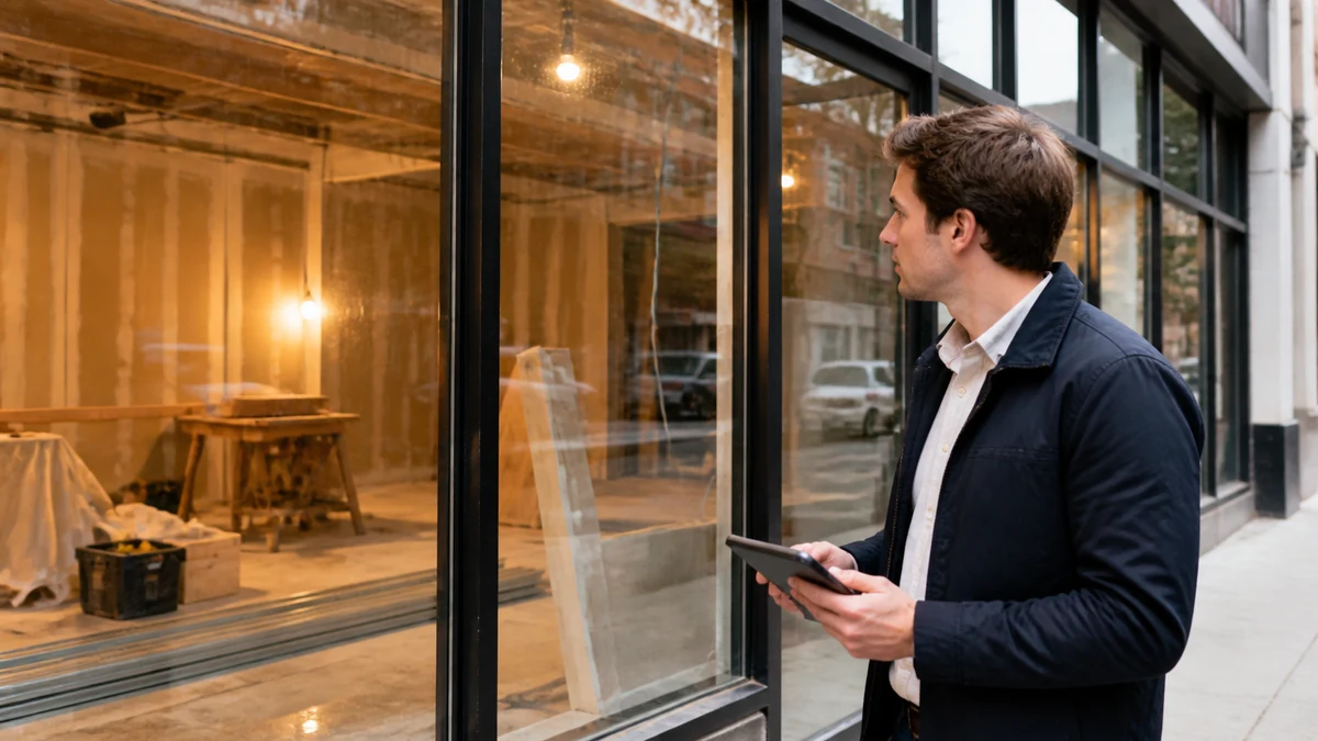 A rep observing a new retail tenant improvement from outside the work area.