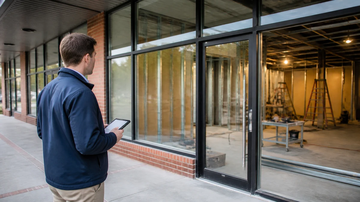 A rep observing a new retail tenant improvement from outside the work area.