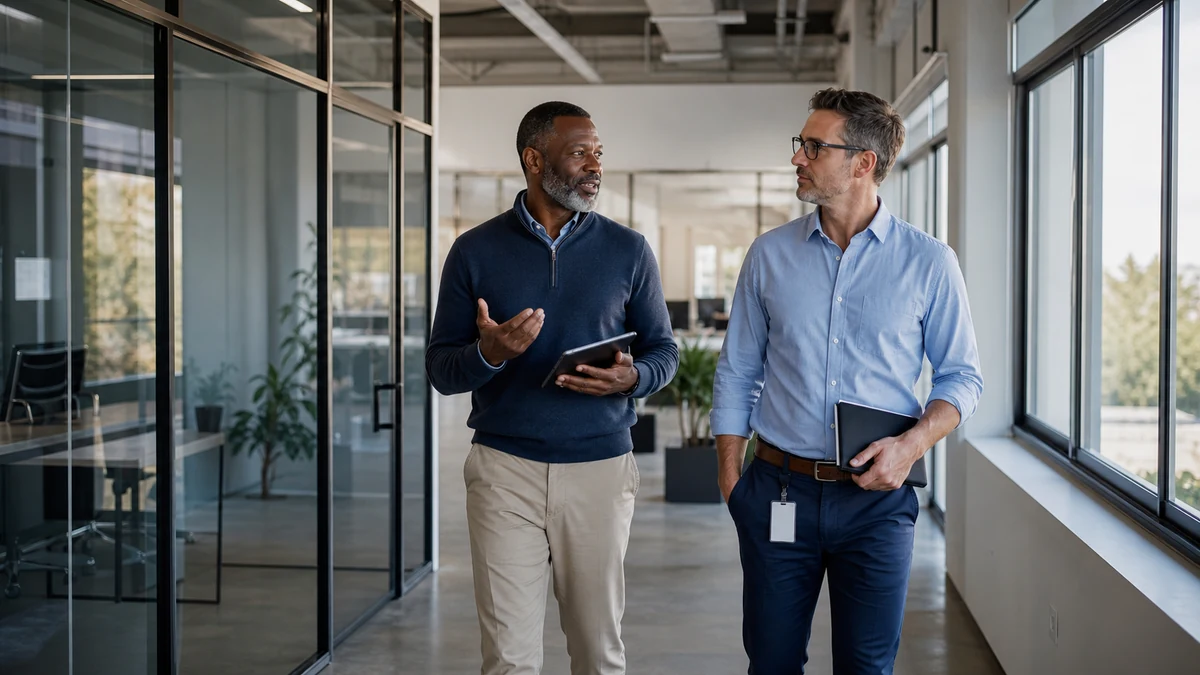 A telecom consultant walking a finished office suite with a facilities manager.