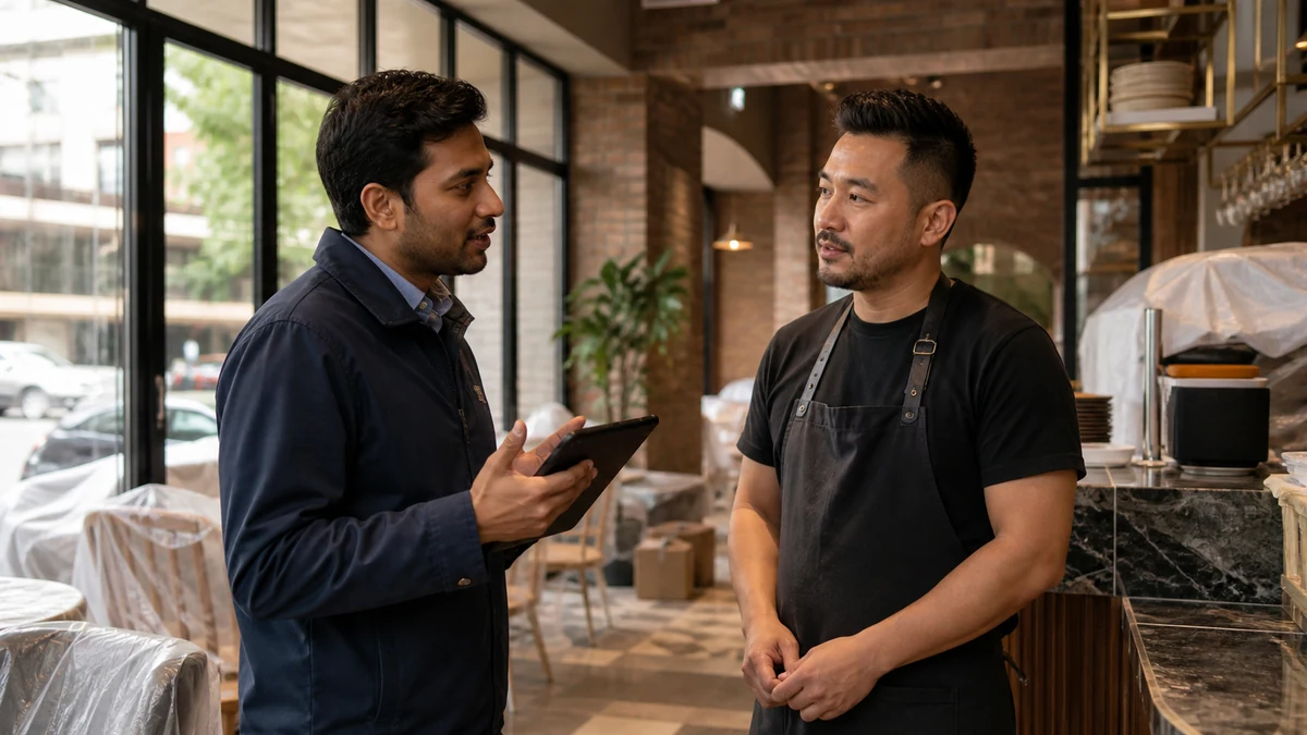 A merchant-services rep meeting an independent business owner before opening day.