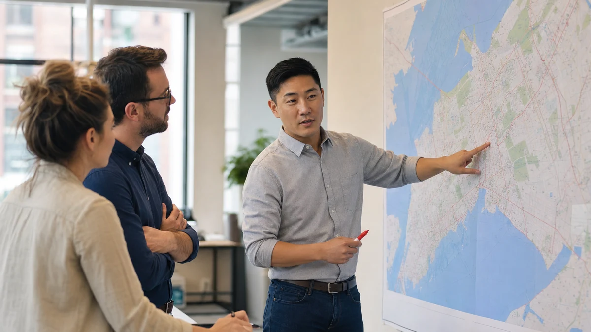 A small sales team comparing local opportunity signals around a wall map.