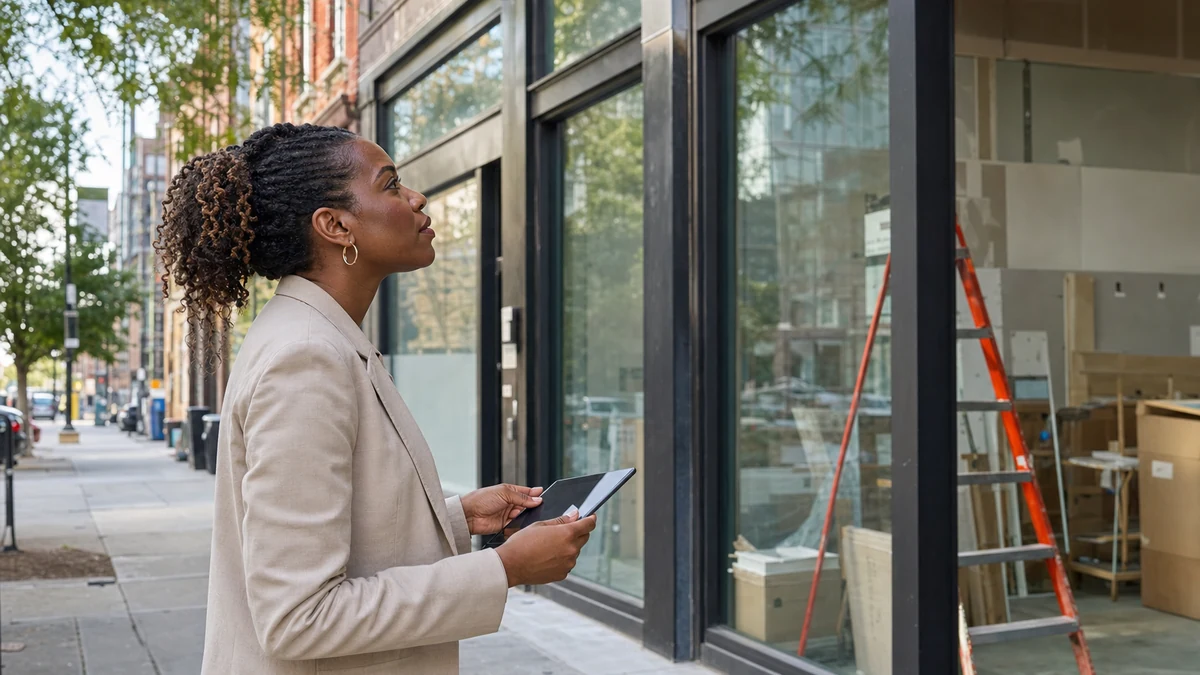 A rep validating a storefront buildout from the public sidewalk.