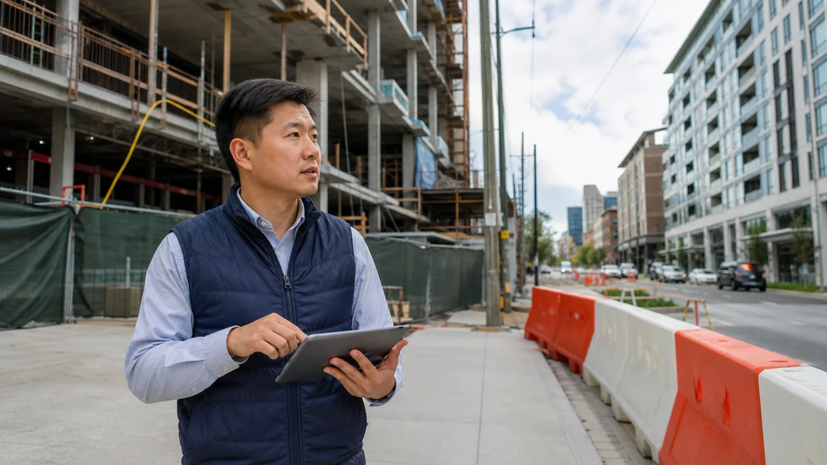 A supplier representative checking a mixed-use construction corridor.
