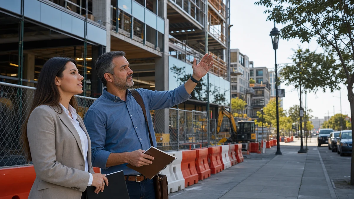 A supplier representative checking a mixed-use construction corridor.