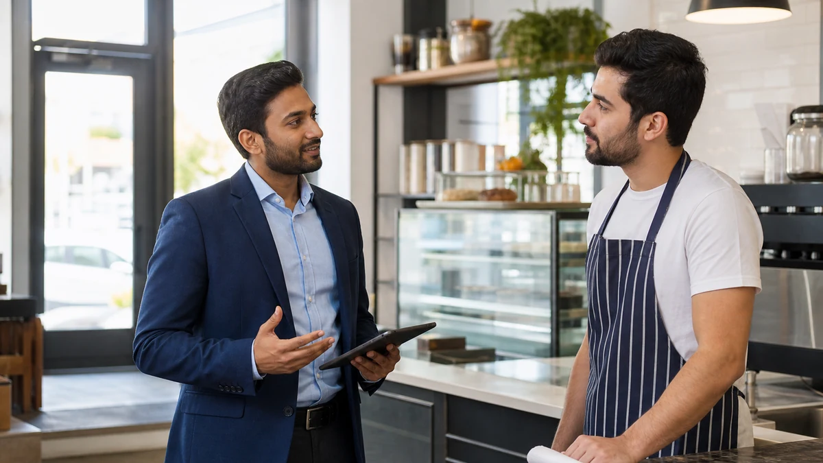 A merchant-services rep meeting an independent business owner before opening day.