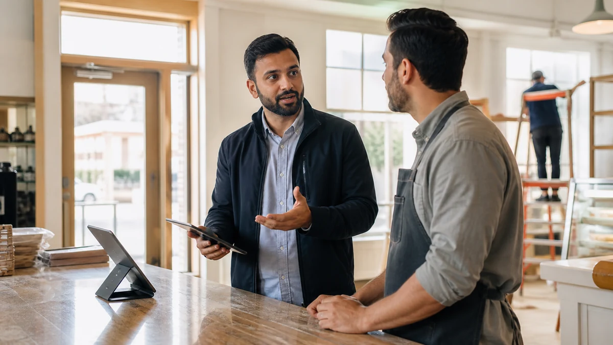 A merchant-services rep meeting an independent business owner before opening day.