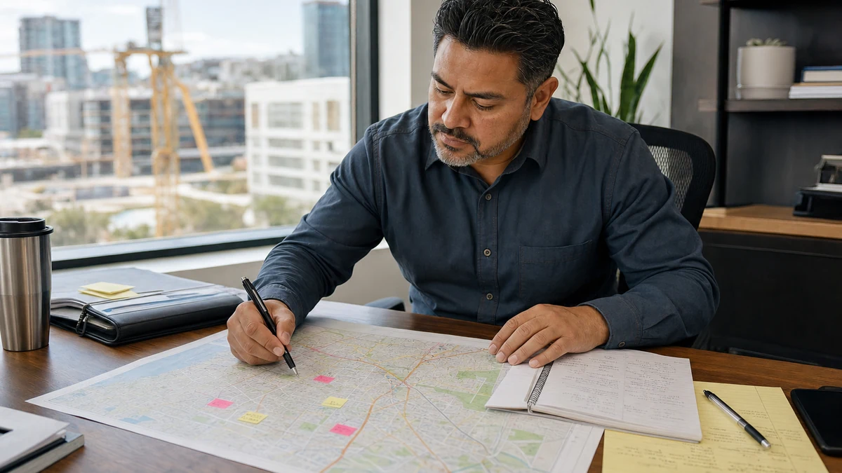 A territory planning session over a printed city map and route notes.