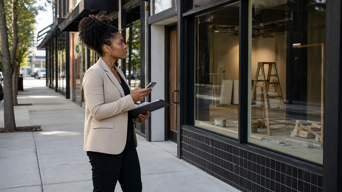 A rep validating a storefront buildout from the public sidewalk.