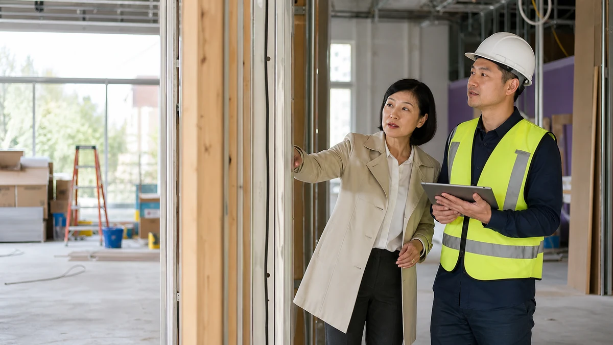 An owner and contractor reviewing progress inside a safe commercial renovation.