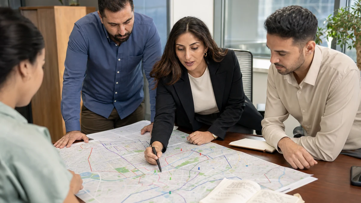 A territory planning session over a printed city map and route notes.