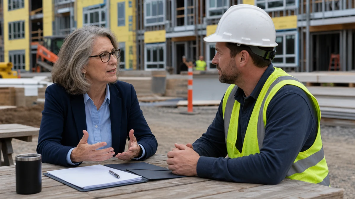 A rep speaking with a project superintendent at a clearly marked safe meeting area.