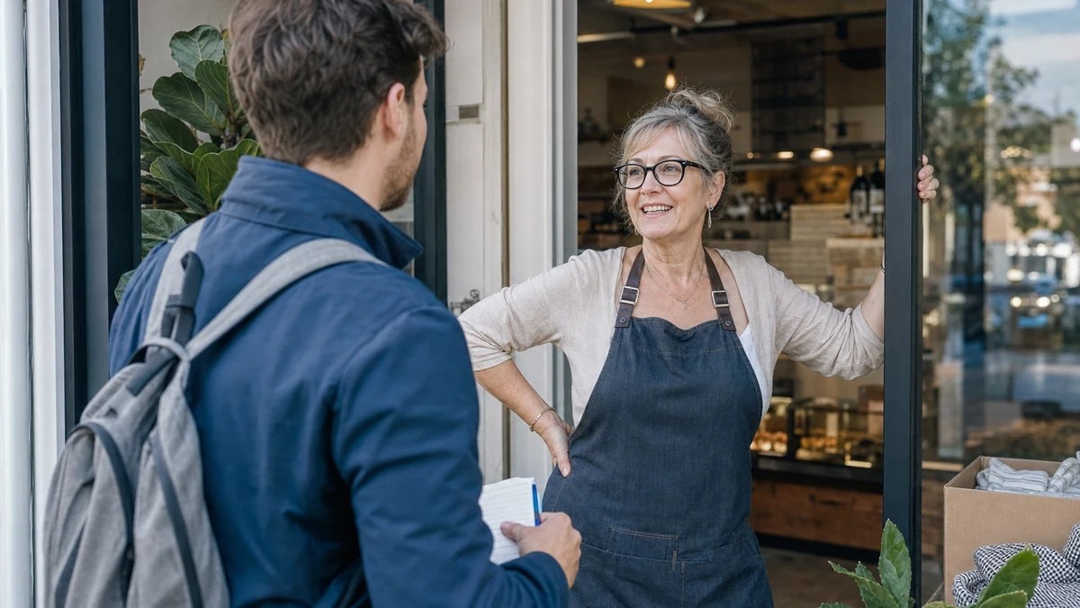 A merchant-services rep meeting an independent business owner before opening day.