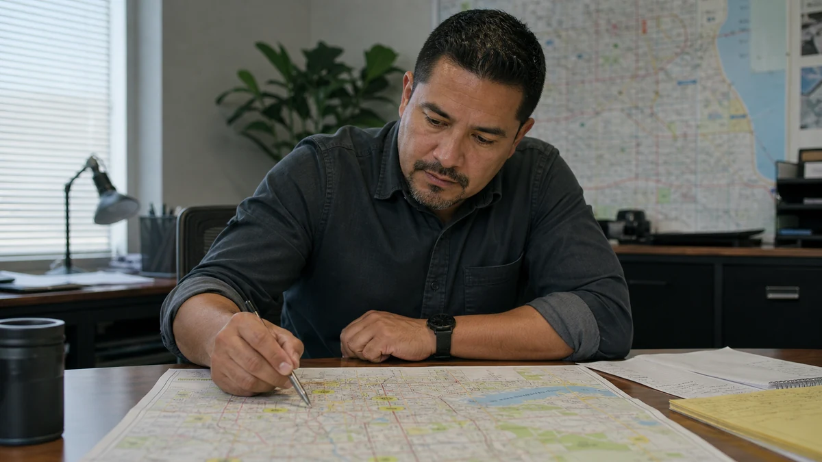 A territory planning session over a printed city map and route notes.