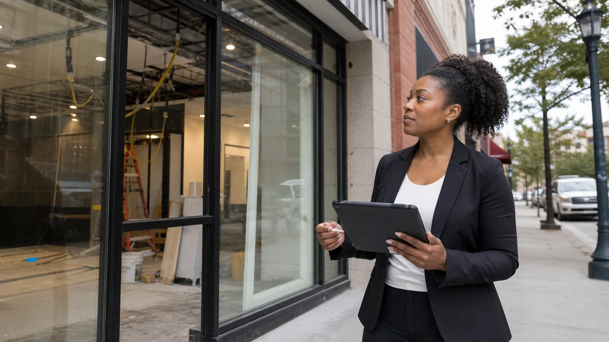 A rep validating a storefront buildout from the public sidewalk.