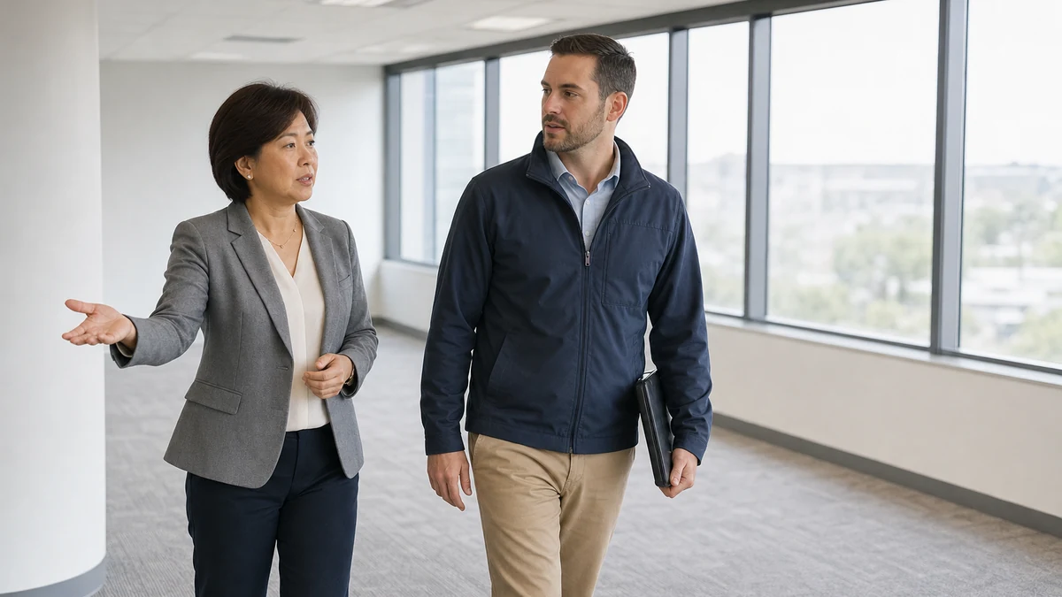 A telecom consultant walking a finished office suite with a facilities manager.