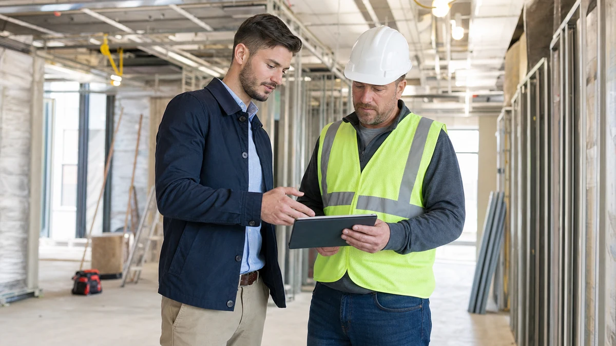 An owner and contractor reviewing progress inside a safe commercial renovation.