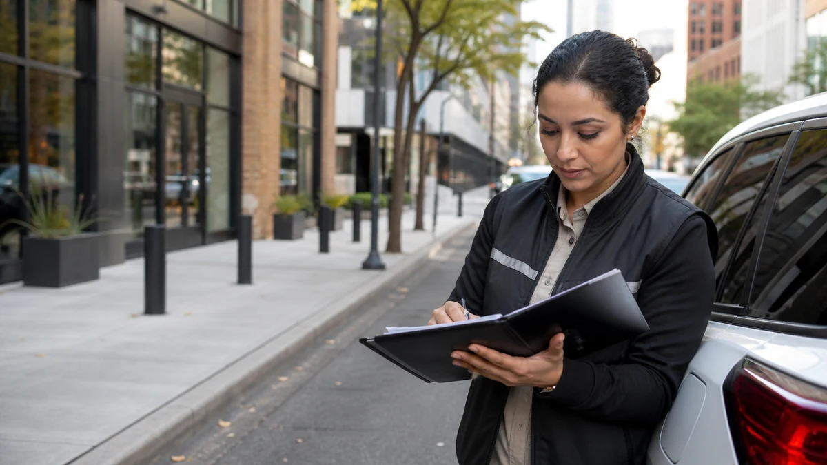 A field rep organizing verified stops beside a parked car in a business district.