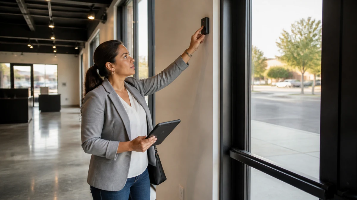 A security consultant surveying access points in a nearly completed storefront.