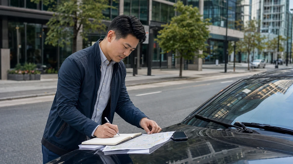 A field rep organizing verified stops beside a parked car in a business district.