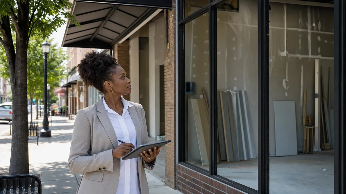 A rep validating a storefront buildout from the public sidewalk.