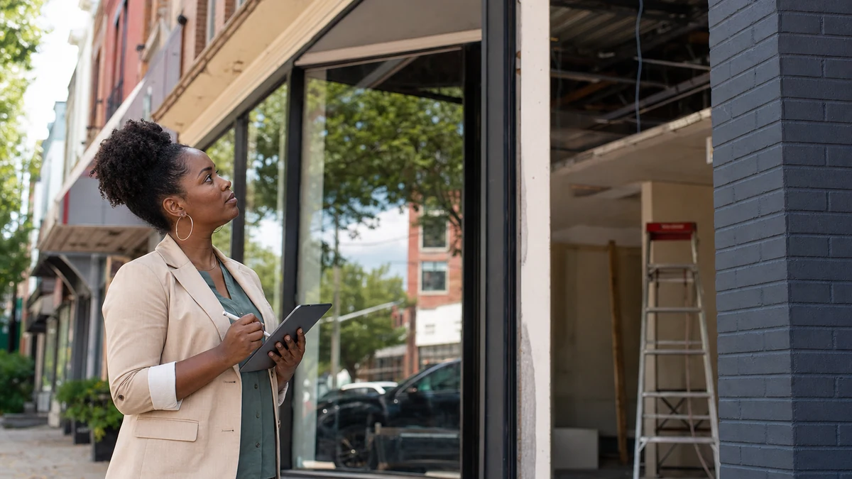 A rep validating a storefront buildout from the public sidewalk.